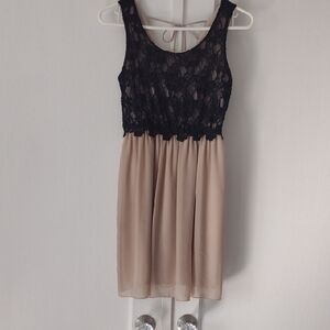 Black Lace Bodice Nude Chiffon Skirt Dress